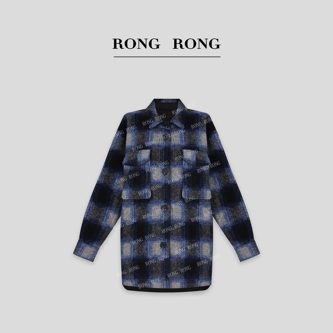 溶溶T【美式怀旧】RONGRONG 绵羊毛格纹复古风针织衬衫外套 WT23551