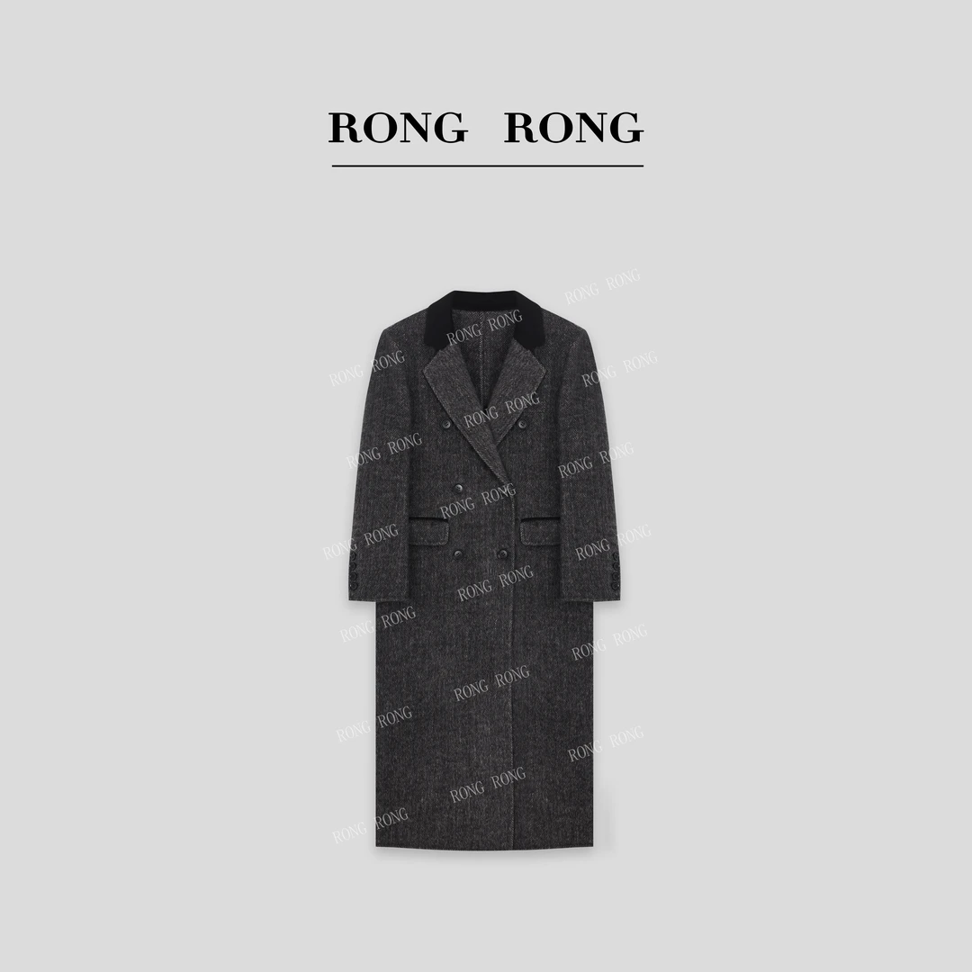 溶溶T【诠释精致】RONGRONG绵羊毛羊驼毛混纺人字纹双面呢大衣88297