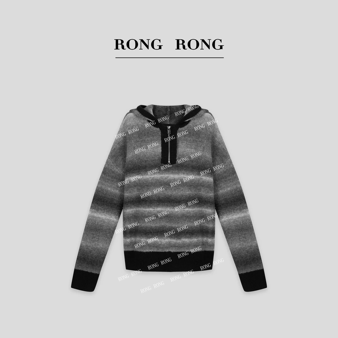 溶溶【渐变墨画】RONGRONG 绵羊毛渐变半拉链连帽套头针织衫 24S298