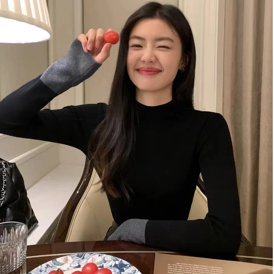 可机洗半高领袖拼接撞色打底针织衫女秋冬内搭毛衣高级感中领上衣