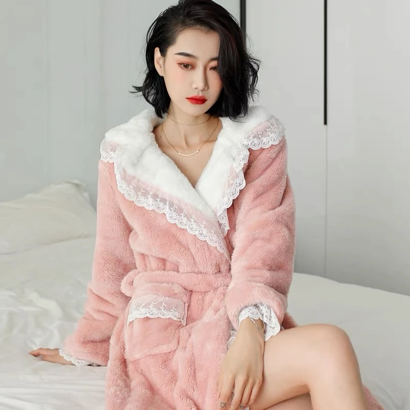 小香风珊瑚绒长款睡袍女冬天性感加厚加绒睡衣家居服冬