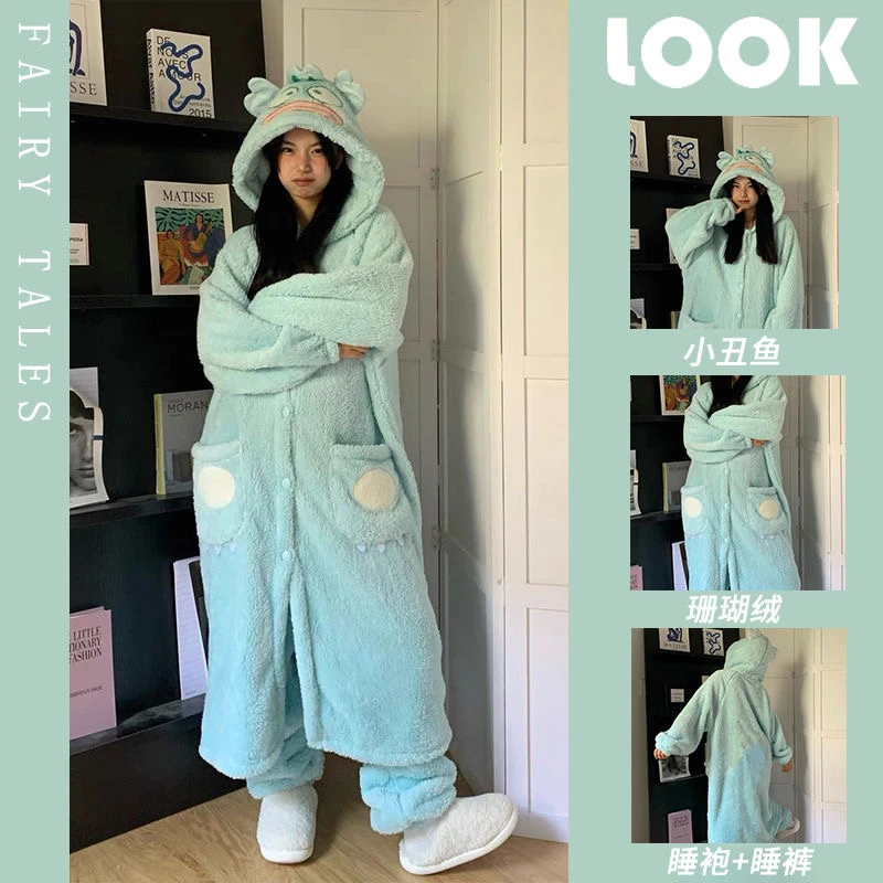 新款可爱小丑鱼珊瑚绒睡衣女冬款加绒加厚毛绒睡袍长裤家居服套装