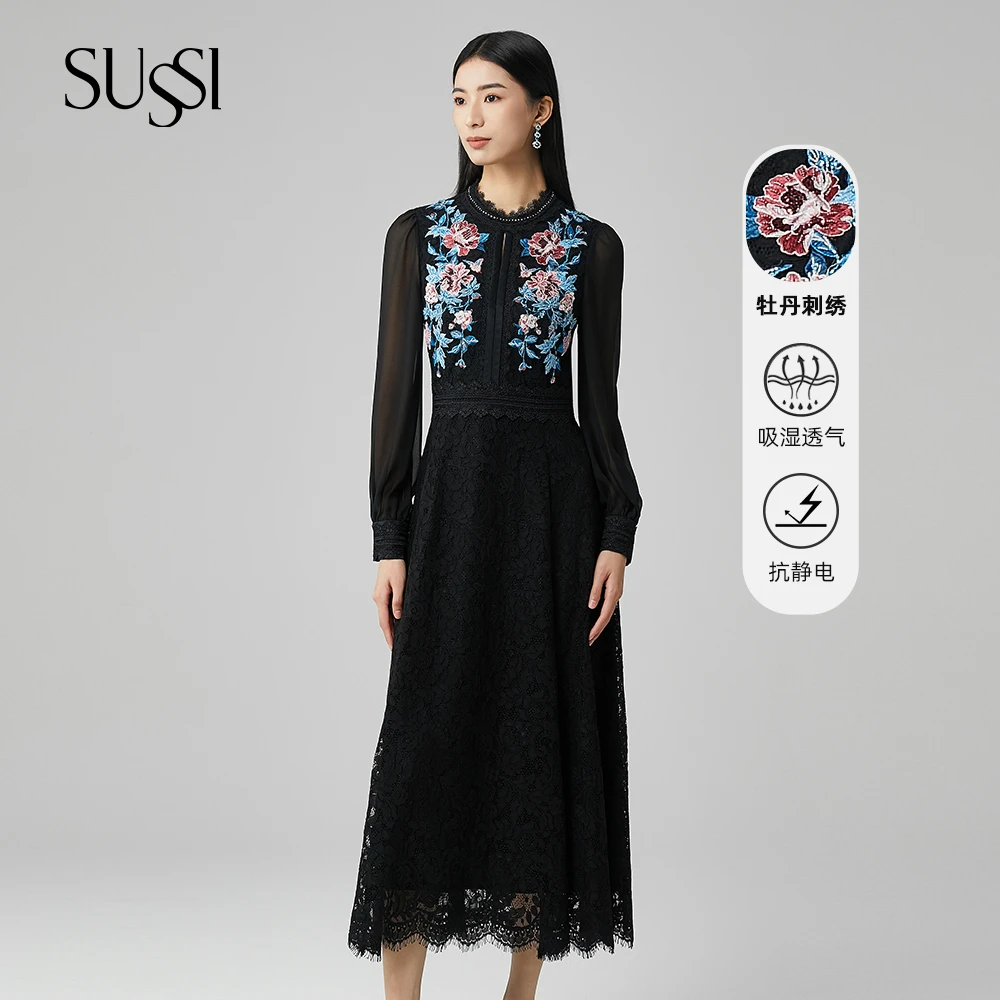 SUSSI/古色24春商场同款黑色圆领灯笼袖蕾丝收腰连衣裙女