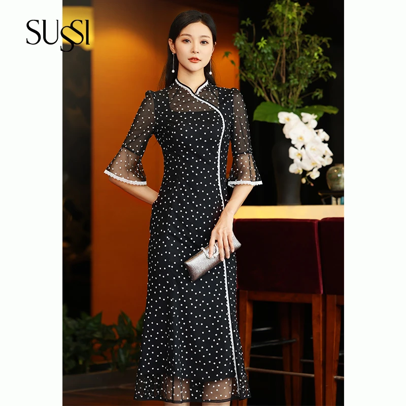 SUSSI/古色24夏商场同款波点刺绣荷叶袖鱼尾连衣裙旗袍