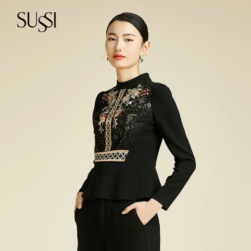 SUSSI/古色24秋冬黑色立领刺绣钉珠长袖上衣礼服女94AW4042560