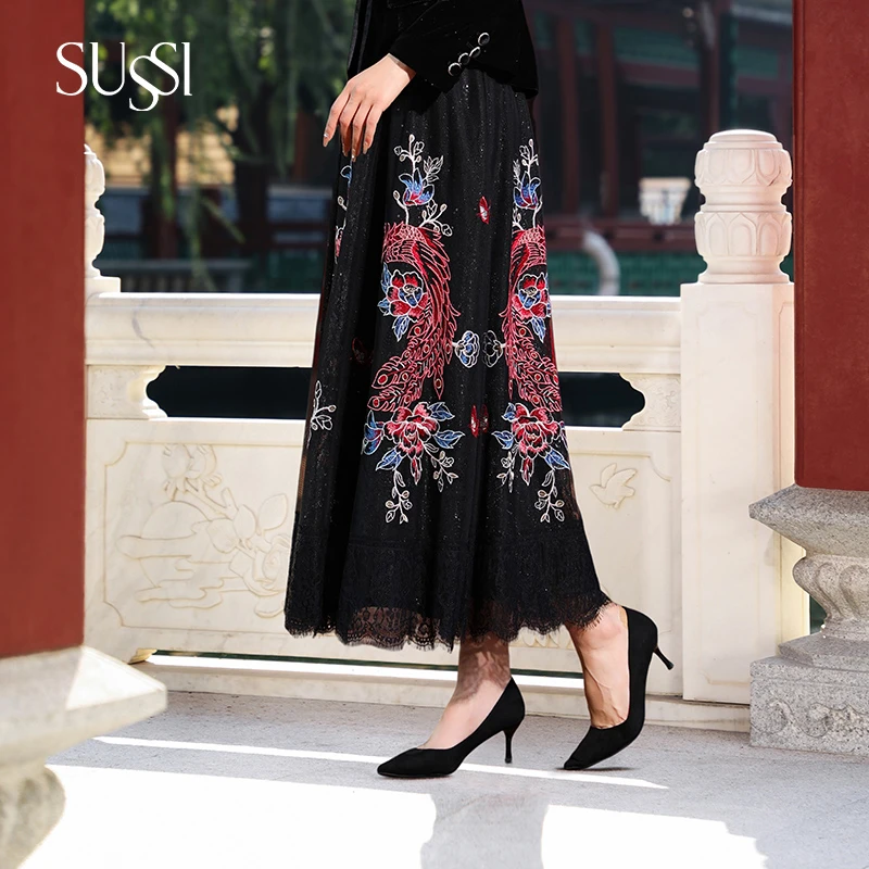 SUSSI/古色24春商场同款黑色网纱刺绣透蕾丝半身裙伞裙女