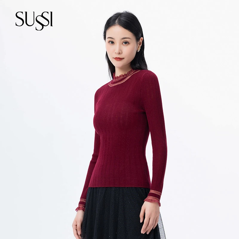 SUSSI/古色23秋酒红商场同款简约百搭毛针织打底衫修身女