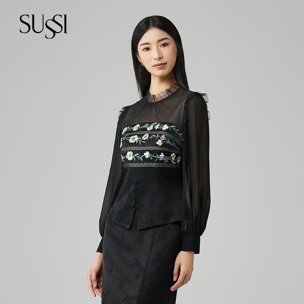 SUSSI/古色24春夏商场同款黑色通勤风立领灯笼袖刺绣上衣女