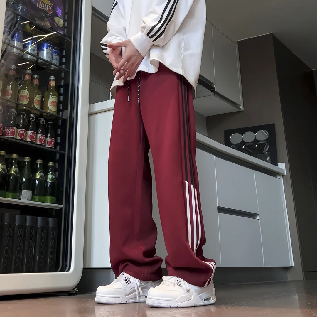 美式条纹拼接卫裤男款春秋潮牌宽松直筒运动裤子男生潮流休闲长裤