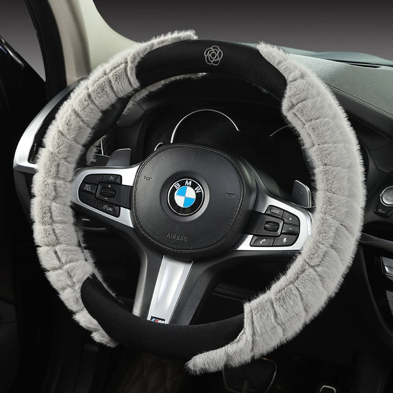 2024年新款山茶花毛绒冬季汽车方向盘套通用防滑保暖轿车把套