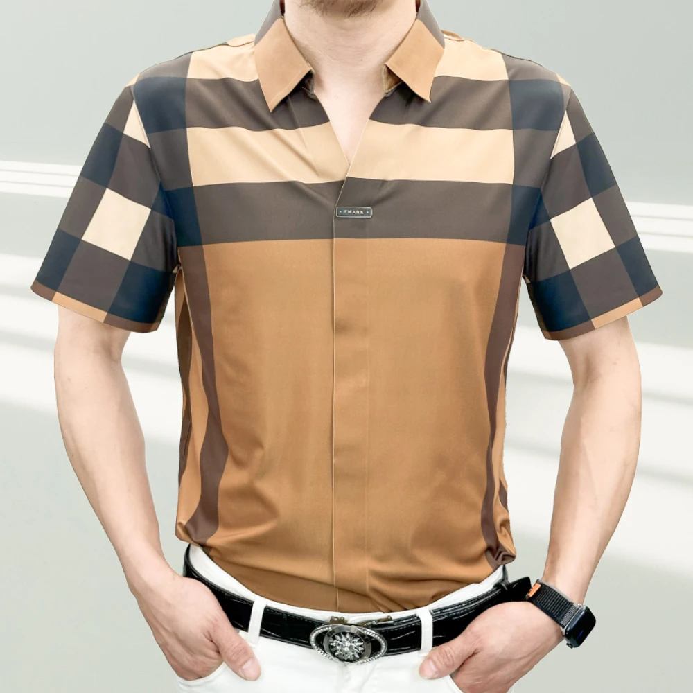 夏季新款男士轻奢经典格子透气商务休闲时尚百搭薄款衬衣翻领衬衫