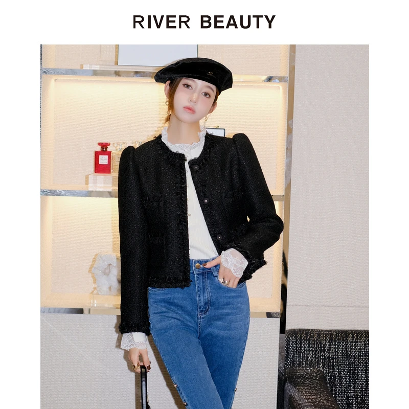 【CC专属】 RB 黑色轻奢梭织外套小香风荷叶短外套 QA21407878