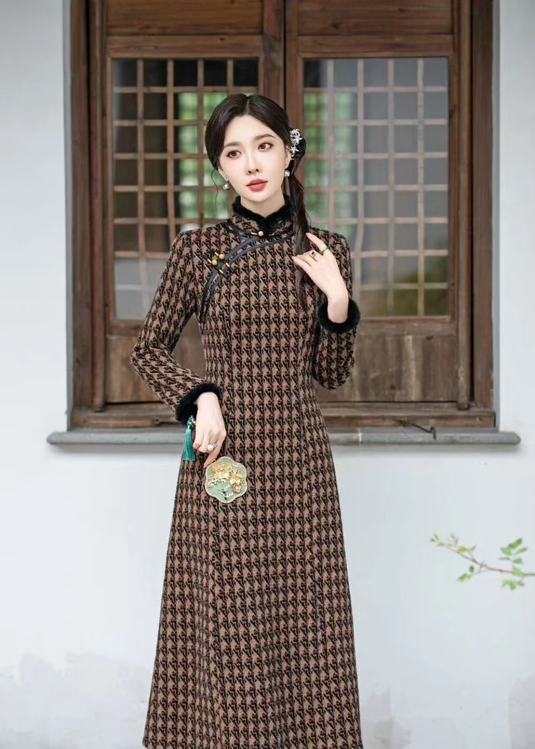 【暗香】秋冬季新款加厚澳绒改良旗袍气质优雅端庄改良旗袍连衣裙