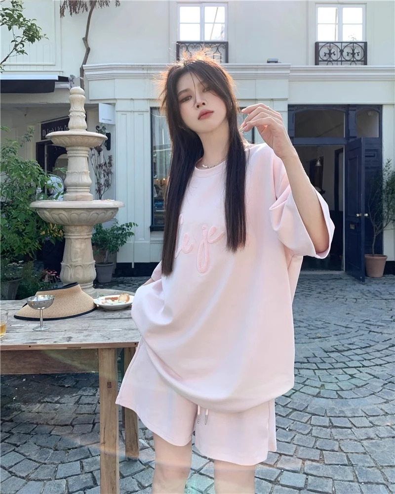 时尚爆款宽松运动女装夏季2024新款甜美百搭上衣休闲短裤两件套潮