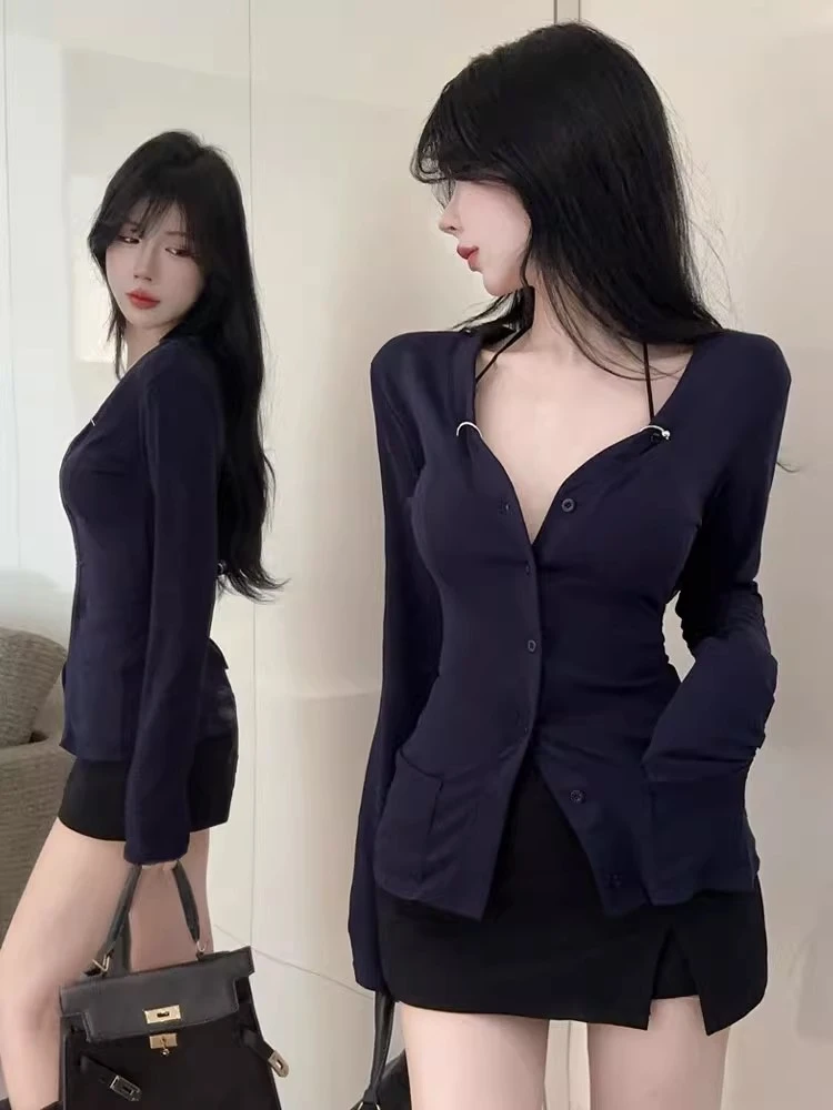 纯欲风V领收腰显瘦内搭外穿开衫女春秋新款长袖修身百搭T恤上衣潮