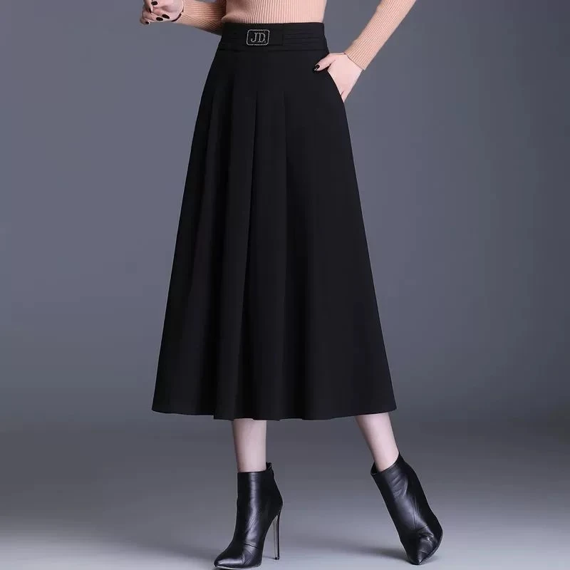 秋季新款大码中长款高腰显瘦a字松紧腰大摆长裙子垂感半身裙黑色