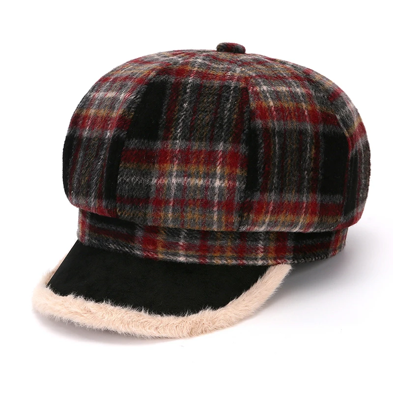 韩版复古格子八角帽子女秋冬季保暖加厚毛呢贝雷帽英伦百搭画家帽