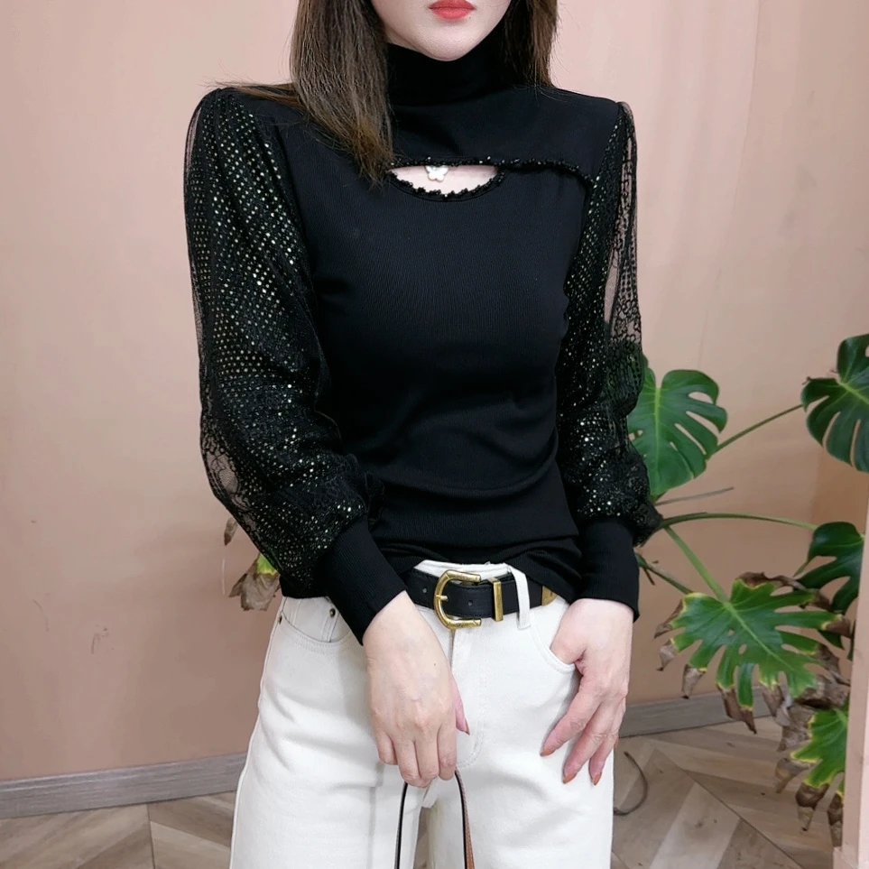 2024春季新品时尚打底衫百搭显瘦长袖T恤镂空钉珠款女士上衣7183