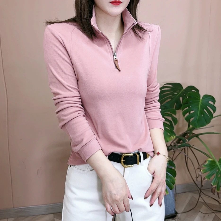 2023秋冬新品时尚加绒加厚打底衫长袖T恤纯色立领女士上衣7091