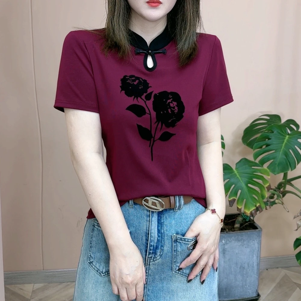 2024春夏季新品时尚打底衫百搭显瘦中式风短袖T恤女士上衣7330