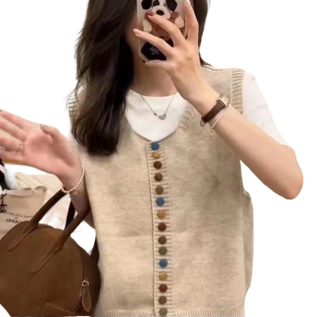 2024秋冬冬新款复古彩色单排扣洋气宽松针织马甲休闲叠穿百搭上衣