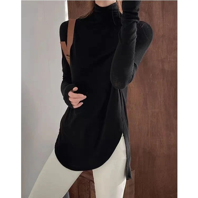 莫代尔加绒高领T恤女长袖2023秋装宽松显瘦中长款内搭薄款打底衫