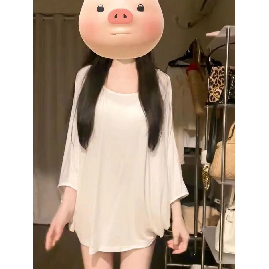韩系纯白温柔风两穿T恤舒适慵懒感夏日居家斗篷软软宽松小上衣女