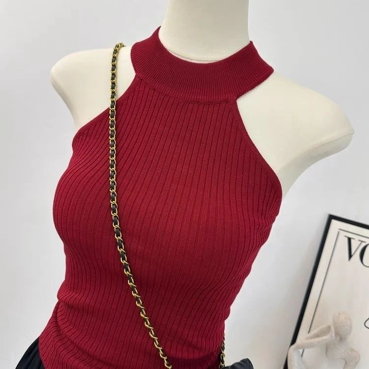 2025新款港风通勤半高领露肩纸片人修身针织背心女无袖上衣内搭