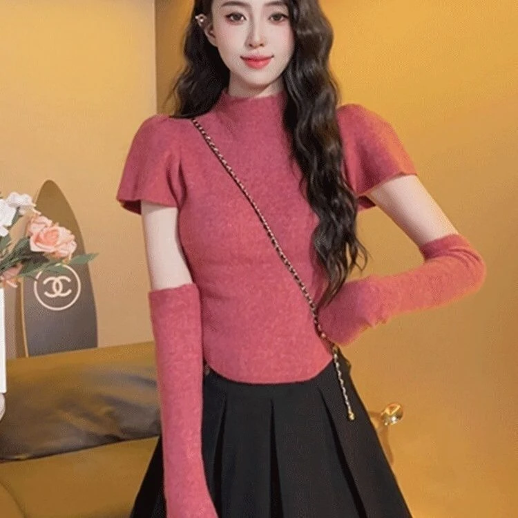 秋季半高领针织衫女2025新款秋款修身打底衫设计感泡泡袖长袖上衣