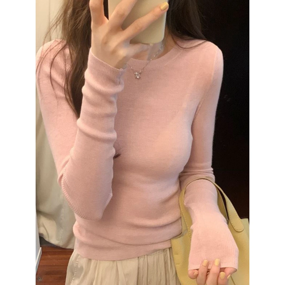 韩系小香风针织打底衫女秋冬洋气设计感修身显瘦毛衣内搭T恤上衣