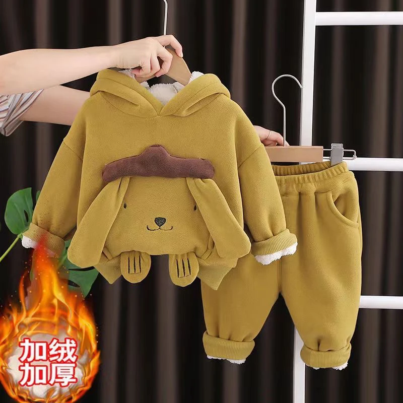 男女秋冬款休闲卡通风纯色套装加绒运动