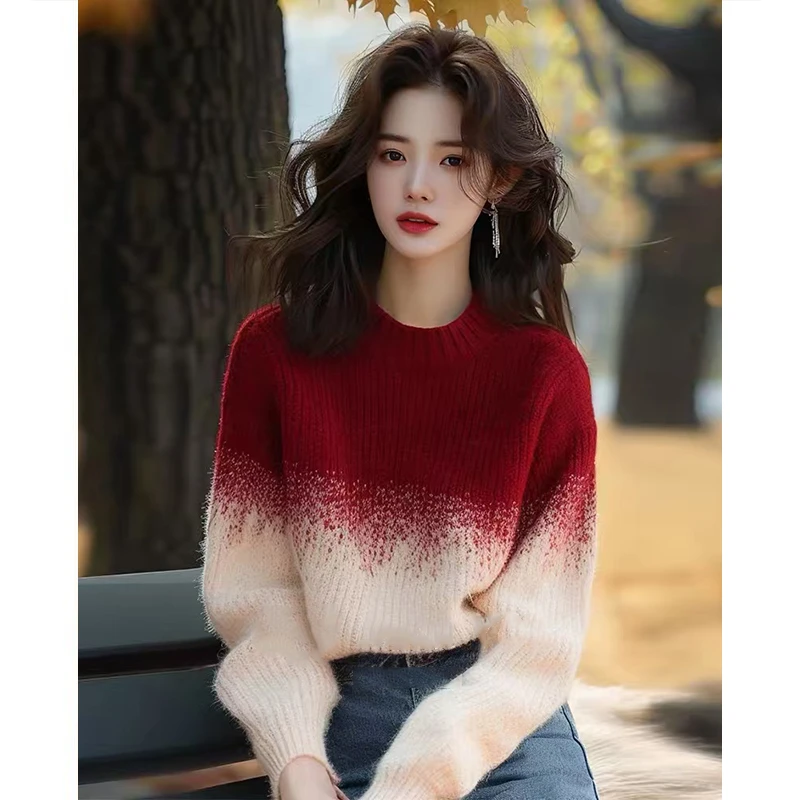 安可拉红渐变色毛衣女秋冬新款独特漂亮超好看圆领套头针织衫上衣