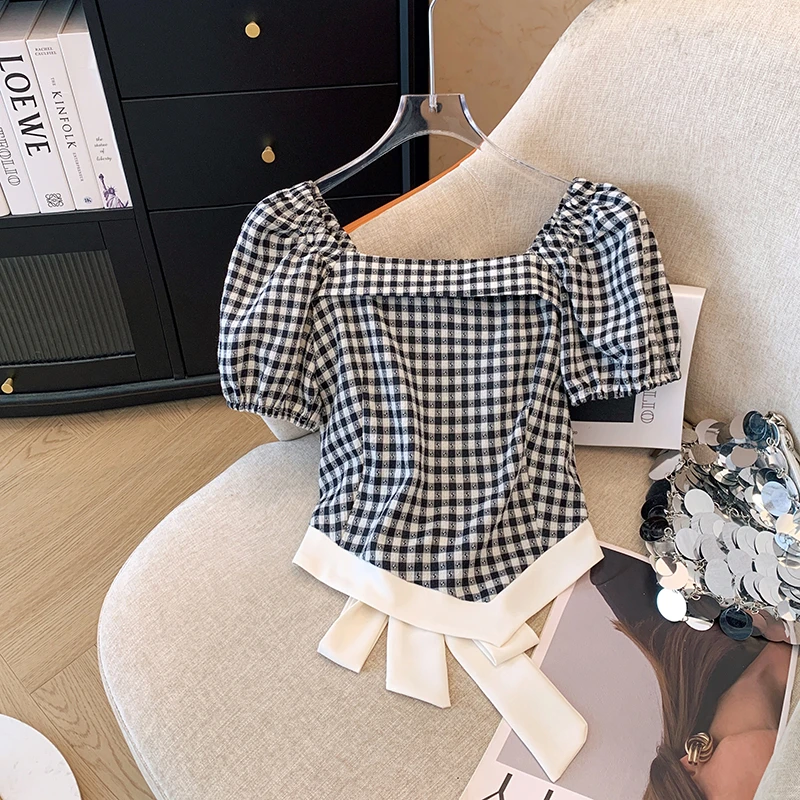 法式复古格子泡泡袖不规则衬衫女夏新新款小个子方领气质显瘦上衣