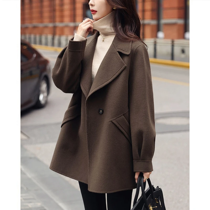 韩版西装领毛呢外套女秋冬新款洋气修身显瘦宽松百搭中长呢子大衣