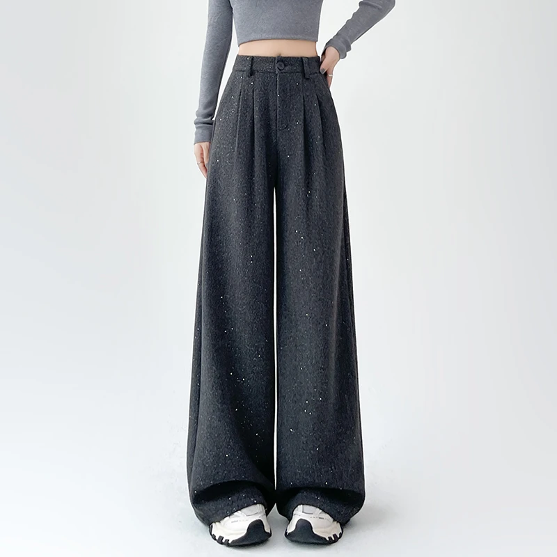 灰色亮片毛呢阔腿裤女秋季新款加绒加厚亮晶晶高腰垂感直筒休闲裤
