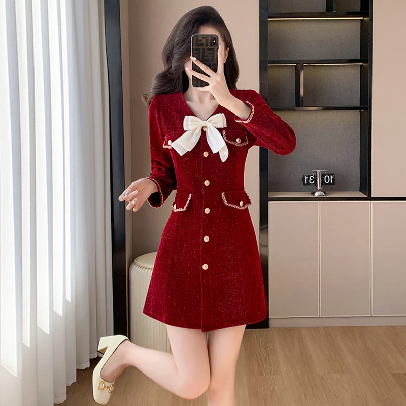 法式高级感小香风连衣裙女秋季新款时尚名媛小众蝴蝶结打底短裙子