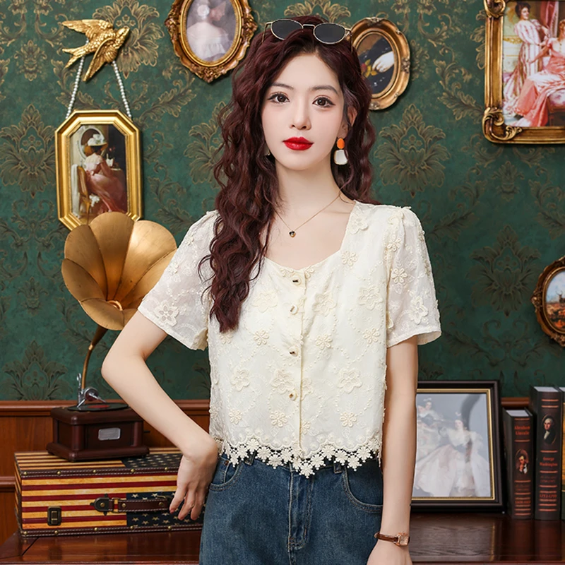 法式方领高级感雪纺衫女夏季新款气质时尚显瘦甜美减龄短款上衣