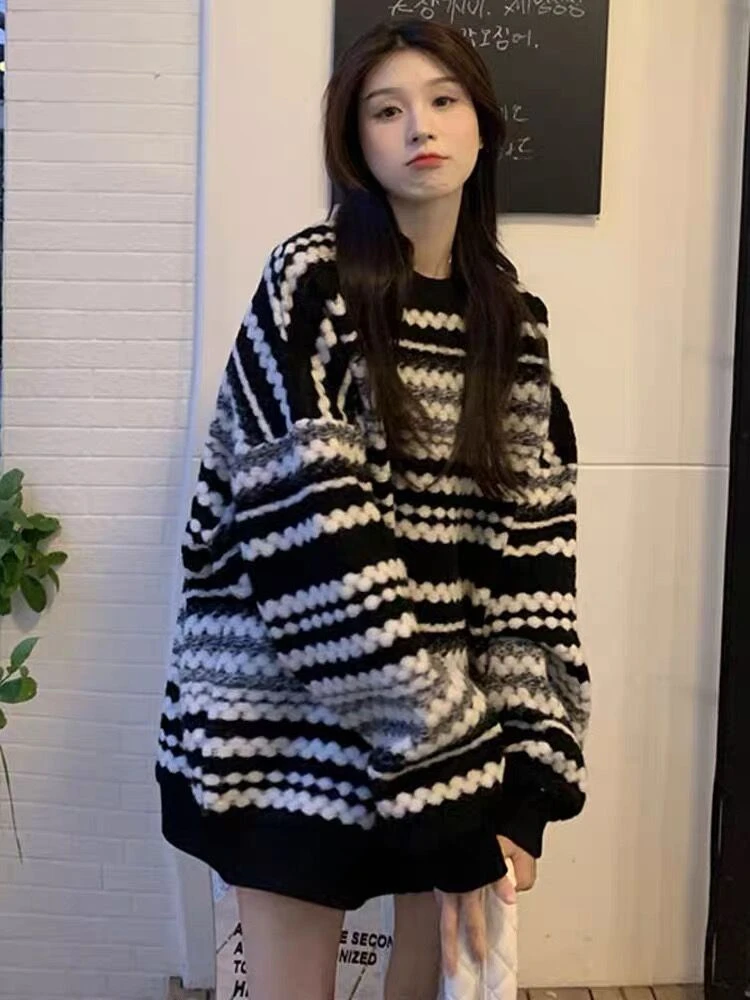 条纹套头大毛衣女秋冬宽松外穿oversize慵懒风上衣中长款2023新款