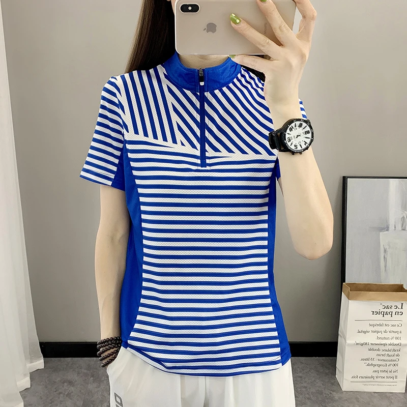 弹力速干衣女冰丝T恤夏季立领户外薄款户外运动印花短袖
