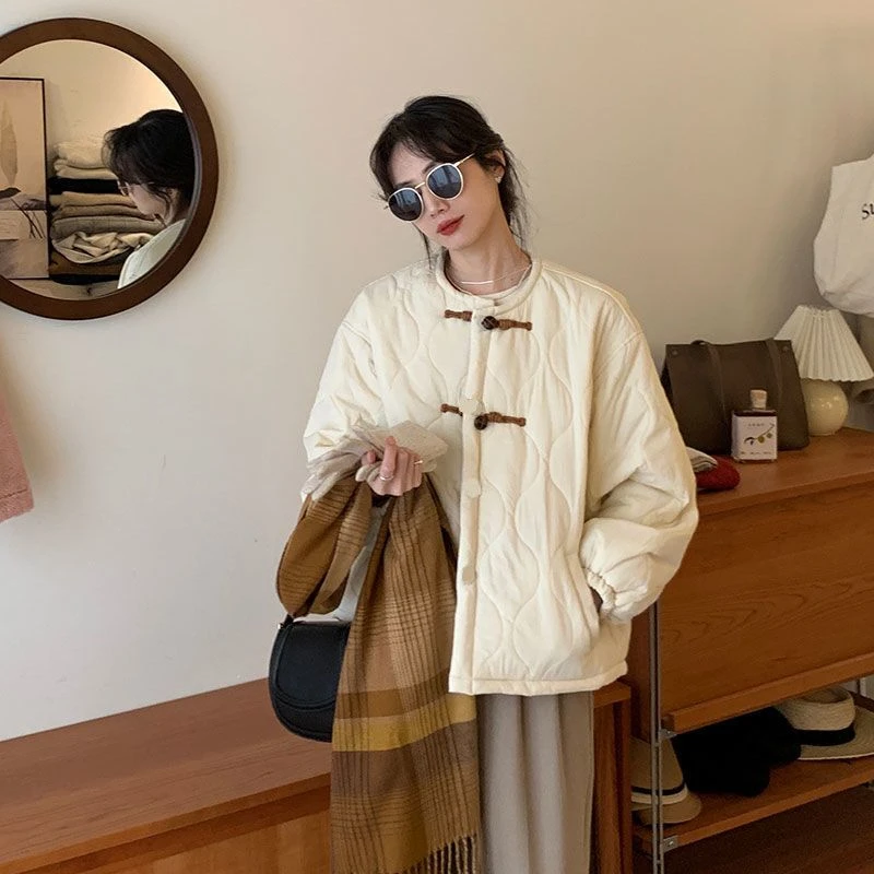 女2023冬季新款韩系小个子设计感外套BRIVIN米白色圆领小香风棉服
