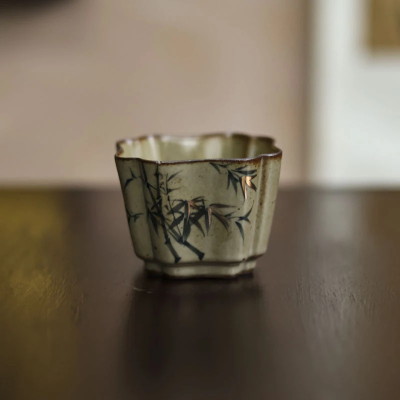 【小田甄陶】仿古描金竹四方主人杯(Q3704)容量60CC