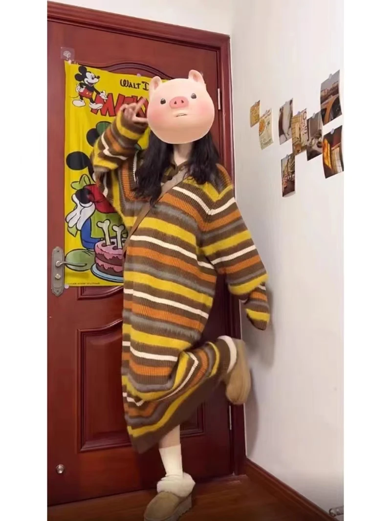 撞色条纹卫衣连帽连衣裙女秋冬韩系直筒宽松长款毛衣裙针织衫上衣