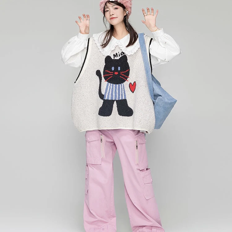 卡通图案兔兔针织衫女背心马甲23秋季外搭叠穿无袖圆领毛衣韩版