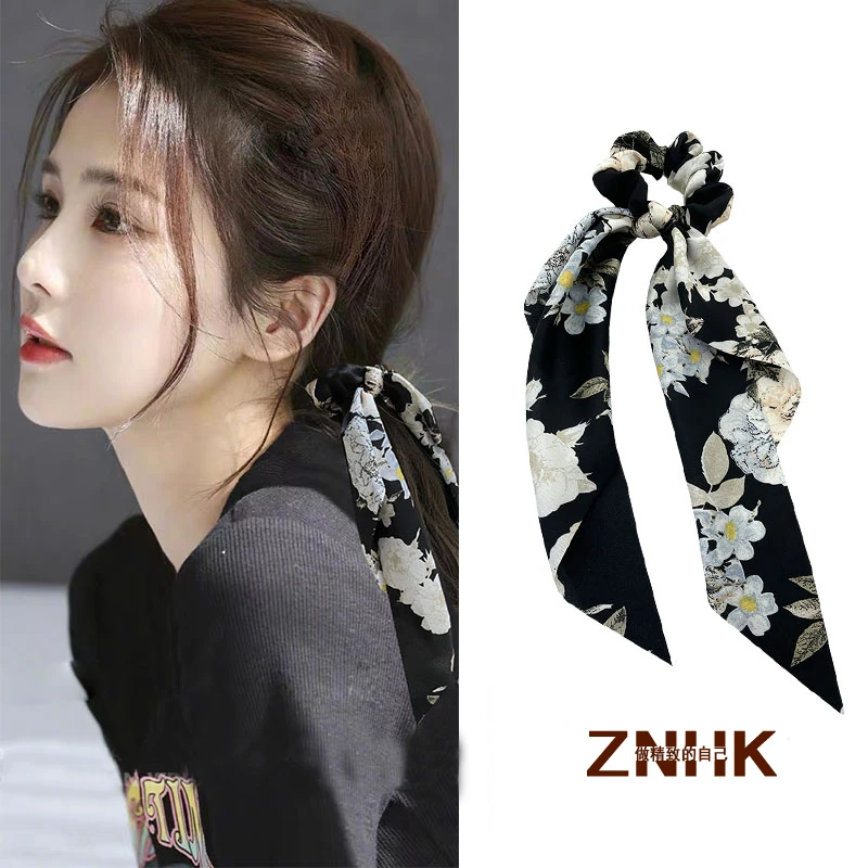 白鹿同款发带女夏绑发扎马尾黑色高级感法式复古花朵飘带大肠发圈
