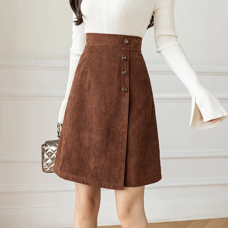 新店福利秋冬百搭咖色半身裙灯芯绒短裙显瘦小个子高腰A字半身裙