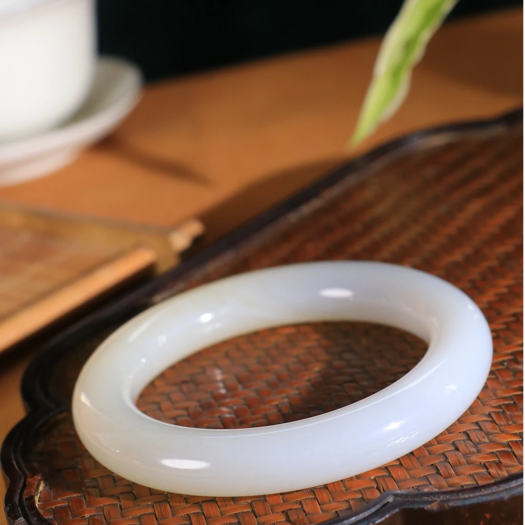 可玉方逑藕粉手镯——天然和田玉手镯藕粉半山水藏藏级气质百搭女款