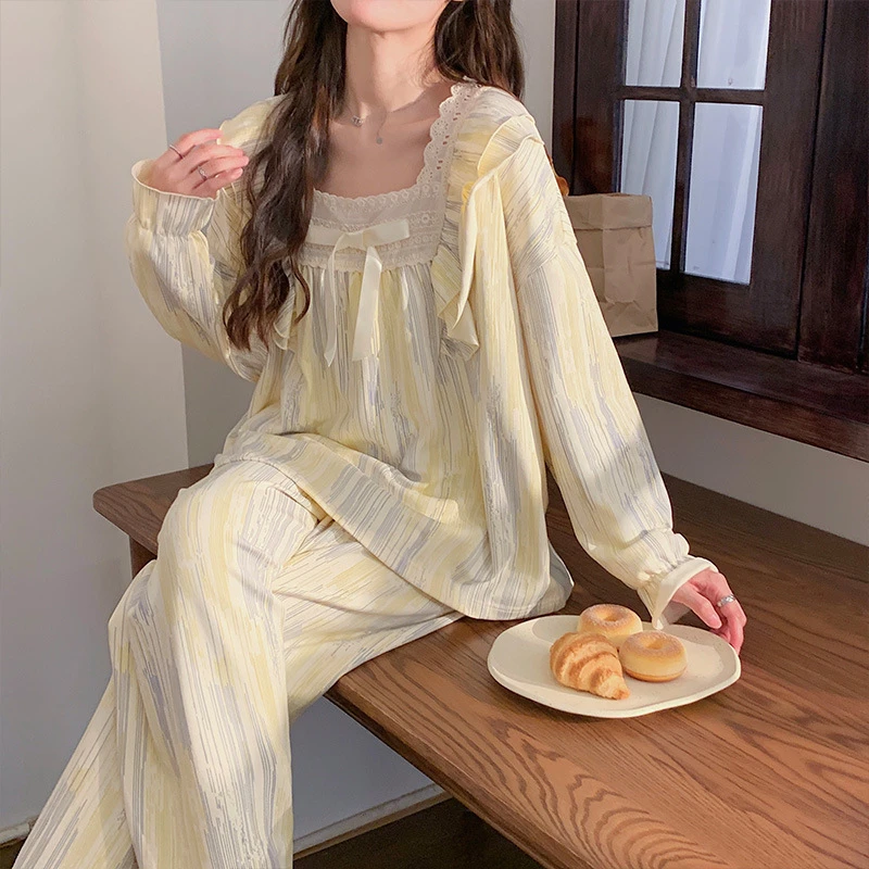 新款女士睡衣套装春秋季甜美网红可外穿泡泡棉夏季薄款ins家居服