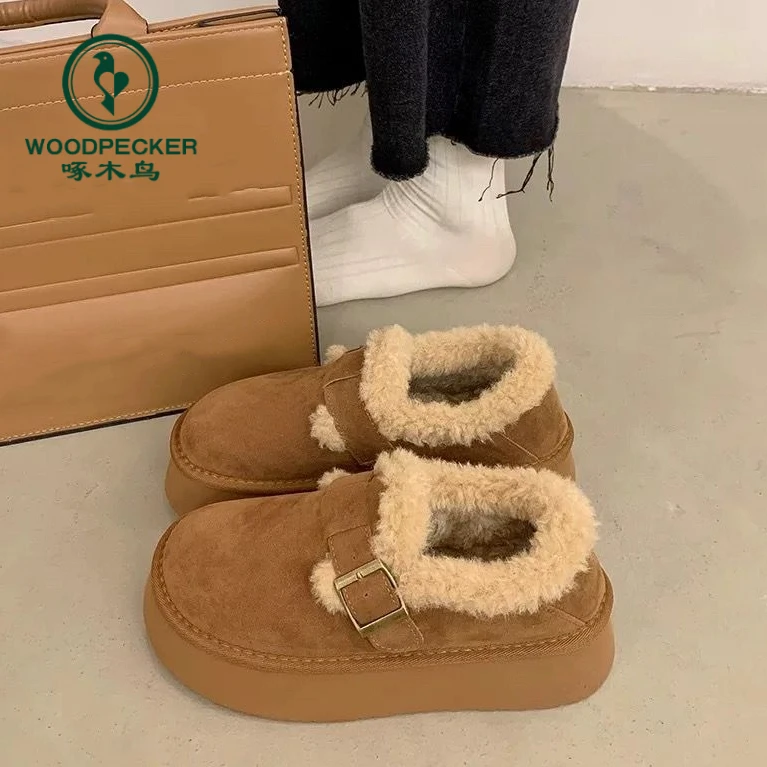 啄木鸟厚底雪地靴女2024新款冬季女鞋加绒加厚毛毛保暖勃肯鞋棉鞋