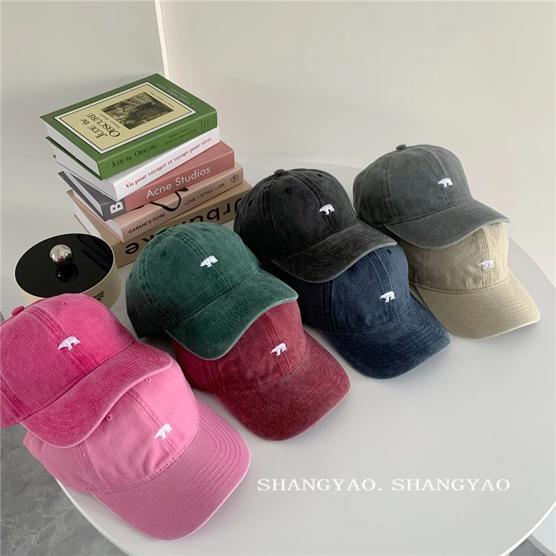 韩版复古粉色水洗棒球帽春秋大童遮阳帽成人小北极熊刺绣鸭舌帽子