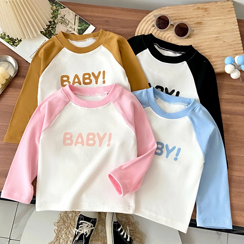儿童春季打底上衣男女童长袖休闲洋气圆领撞色T